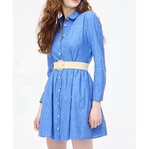 J. Crew Factory Sky Blue Eyelet Shirt Mini Dress with Cream Belt